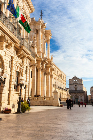 SIRACUSA, ITALY - DECEMBER, 31: The cathedral in Syracuse called Duomo di Santa Lucia was built by bishop Zosimo in the 7th century over the Temple of Athena (5th century BC) on December 31, 2017のeditorial素材