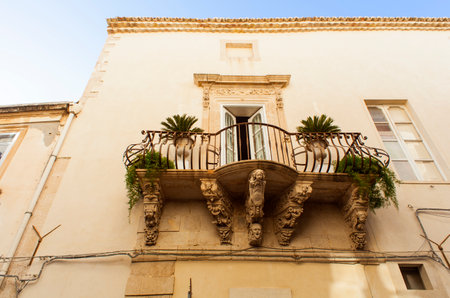 View of the baroque balcony of the Blanco palace in Ortigiaのeditorial素材