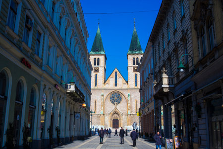 SARAJEVO, BOSNIA-ERZEGOVINA  - FEBRUARY, 16: View of the The Sacred Heart Cathedral,  Catholic church in the old town of Sarajevo. Erected 1884-1889 on February 16, 2018のeditorial素材