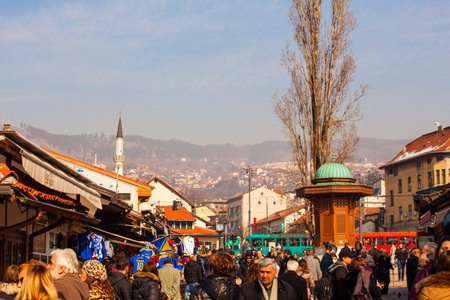 SARAJEVO, BOSNIA-ERZEGOVINA - FEBRUARY, 16: View of the Bascarsija historic district in Sarajevo - Bosnia and Herzegovina on February 16, 2018のeditorial素材