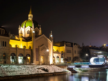Night view of the Academy of Fine Arts, ex Evangelical Church. Sarajevoのeditorial素材