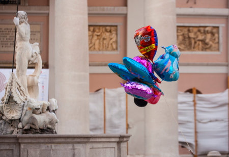 TRIESTE, ITALY - 06 OCTOBER 2017: Inflatable ballons fluttering next to the Neptune monument on 06 October, 2017のeditorial素材