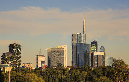 MILAN, ITALY - SEPTEMBER, 20: The new skyline of Milan, from left a pair of skyscrapers by Boeri Studio called Vertical forest, in the right side the Unicredit Tower on September 20, 2017のeditorial素材