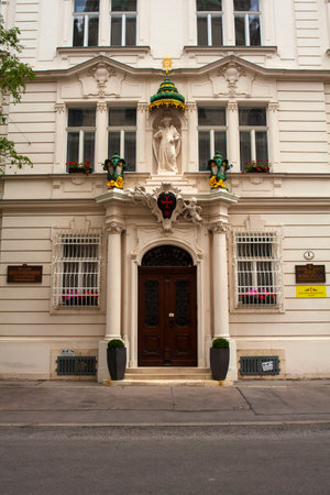 VIENNA, AUSTRIA - MAY, 22: Facade of the Kreuzherrenmusikschule building on May 22, 2018のeditorial素材