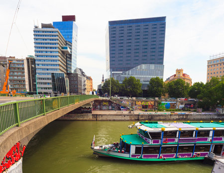 VIENNA, AUSTRIA - MAY, 22: View of Excursion boat on Donaukanal river on May 22, 2018のeditorial素材