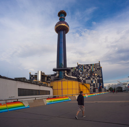 VIENNA, AUSTRIA - MAY, 22:The Spittelau waste incineration plant, designed by Friedensreich Hundertwasser, will be completely revamped by 2015 on May 22, 2018のeditorial素材