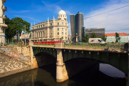 VIENNA, AUSTRIA - MAY, 22: View of the Urania, public educational institute and observatory in Vienna, on May 22, 2018のeditorial素材