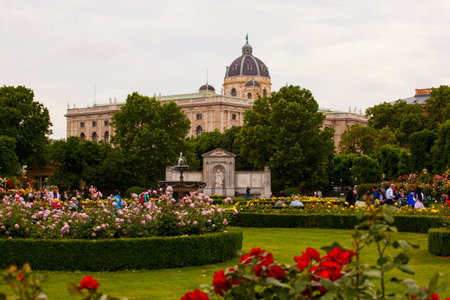 VIENNA, AUSTRIA - MAY, 22: View of the Naturhistorisches Museum dome through the flowers on May 22, 2018のeditorial素材