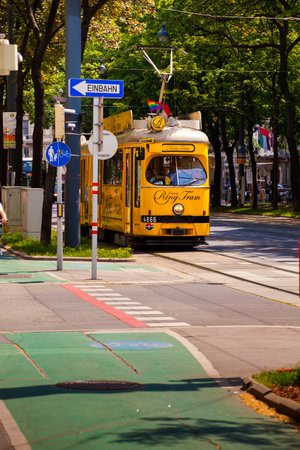 VIENNA, AUSTRIA - MAY, 22: The touristic yellow tram in Vienna on May 22, 2018のeditorial素材