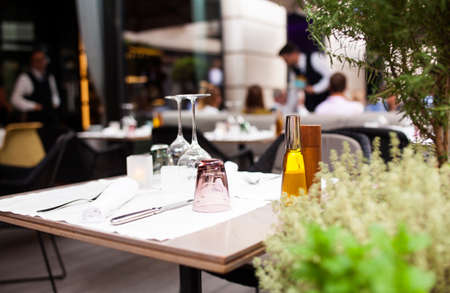 View of a minimal outdoor restaurant tableの写真素材