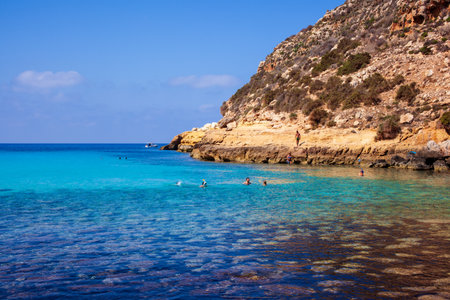 LAMPEDUSA, ITALY - AUGUST, 03: View of Cala Pulcino famous sea place of Lampedusa on August 03, 2018のeditorial素材