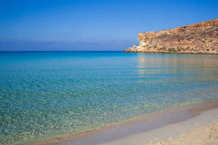 View of the most famous sea place of Lampedusa, It is named Spiaggia dei conigli,  in English language Rabbits Beach or Conigli islandの写真素材