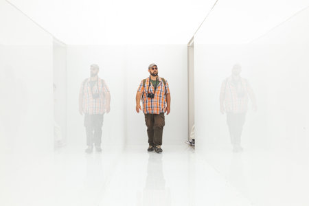 VENICE, ITALY - MAY 10: Spectators crossing the Installation by Ryoji Ikeda titled  spectra III, exposed at the Central Pavilion during the 58th International Art exhibition of Venice biennale titled May You Live In Interesting Times on May 10, 2019のeditorial素材