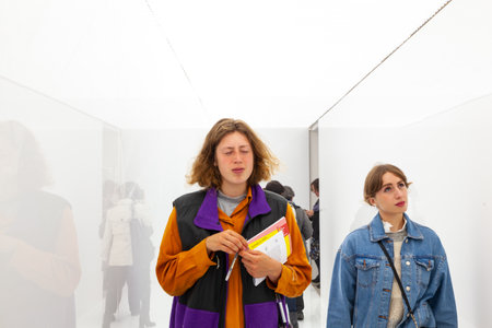 VENICE, ITALY - MAY 10: Spectators crossing the Installation by Ryoji Ikeda titled  spectra III, exposed at the Central Pavilion during the 58th International Art exhibition of Venice biennale titled May You Live In Interesting Times on May 10, 2019のeditorial素材
