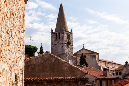 Bell tower of  church of Visitation of Blessed Virgin Mary to St. Elizabeth in Valle - Bale little town in Istria. Croatiaのeditorial素材