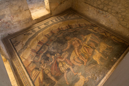 PIAZZA ARMERINA, ITALY - APRIL, 24: View of the Ulysses and Polyphemus mosaics, Vestibule of Polyphemus at Villa Romana del Casale  on April 24, 2019のeditorial素材