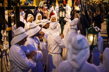 LEONFORTE, SICILY - APRIL, 19: Christian brethren during the traditional Good Friday procession on April 19, 2019のeditorial素材