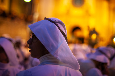 LEONFORTE, SICILY - APRIL, 19: Christian brethren during the traditional Good Friday procession on April 19, 2019のeditorial素材