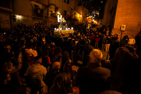 LEONFORTE, SICILY - APRIL, 19: Christian brethren during the traditional Good Friday procession on April 19, 2019のeditorial素材
