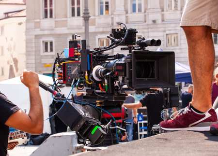 Professional digital camera setup on outdoor movie set