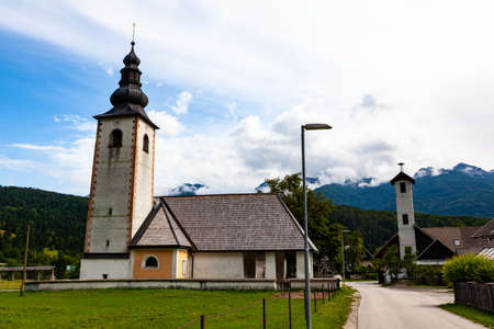View of St. Pavelâs church, Emaâs route of Pilgrimage in Stara Fuzina, Bohinj. Sloveniaの写真素材