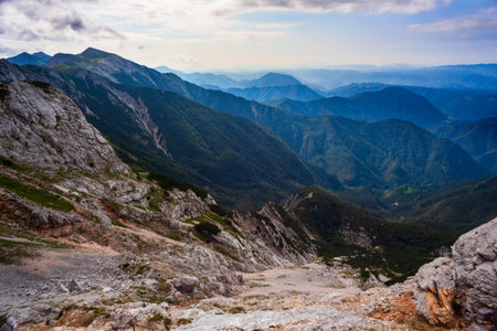 Top view from the Vogel mountain part of southern Julian Alps and Triglav National Park heritage of...