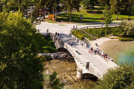 Top view of bridge in the Bohinj lake, Sloveniaの写真素材