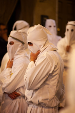 LEONFORTE, SICILY - APRIL, 19: Christian brethren during the traditional Good Friday procession on...