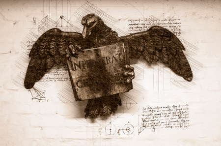 Sketch of a Wooden Sculpture of an eagle holding a book with the gospel inscription `` In the beginning erat Verbum '' on old paperの写真素材