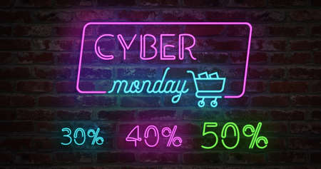 Cyber Monday animation neon light sign and stylized shopping cart on a brick wall. Sale banner neon sign style for promo. Concept of sale and clearance with 30% 40% and 50%の写真素材