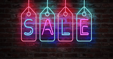 Sale image neon light sign on the brick wall. Sale banner blinking neon sign style for promo image. Concept of sale and clearanceの写真素材