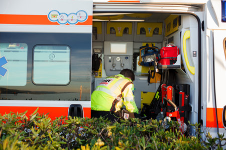 Trieste, Italy - October, 08: The Italian nurse waiting in the emergency ambulance on October 08,...