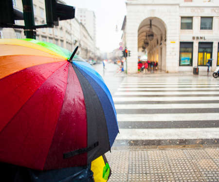 View of colorful umbrella under rain weatherの写真素材