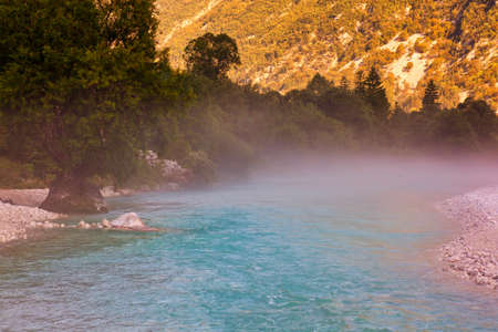 The fog on the Soca river, Slovenian Julian Alpsの写真素材