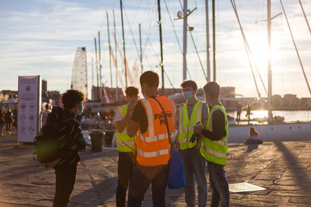 TRIESTE, ITALY - OCTOBER, 08: The team of service guys during the 52 Â° Barcolana regatta in Trieste sea on October 08, 2020のeditorial素材