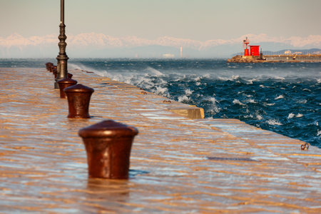 View of the Bora wind from Audace pier called Molo Audace, Triesteの写真素材