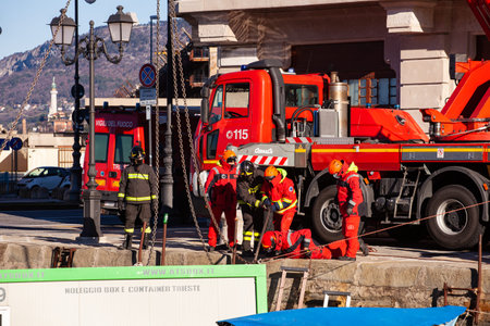 Trieste, Italy - February, 13: Italian firefighters working for dragging on the pier a shipping container that has fallen into the water on February 13, 2021のeditorial素材