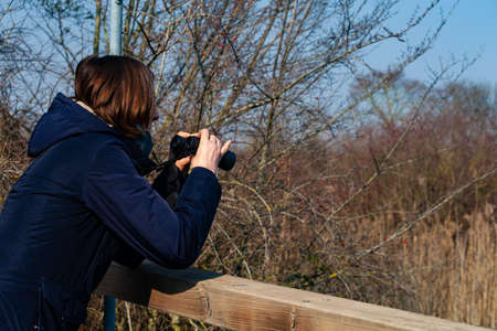Woman with Binoculars watching birds in the Marano lagoonの写真素材
