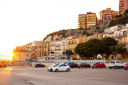 Porto Empedocle, Italy - July 22: View of the porto Empedocle buildings at sunset on July 22, 2021のeditorial素材