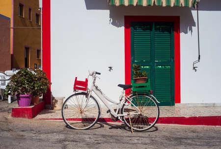 View of touristic flowers pot on a bike, typical colorful house on the background, Linosaの写真素材
