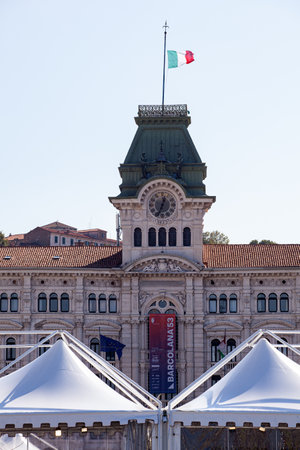Trieste, Italy - October, 09: View of the facade of the town hall with the Barcolana 53 Â° banner on October 09, 2021のeditorial素材