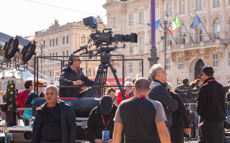 Trieste, Italy - October, 09: The crew of the RAI, Radiotelevisione italiana, preparing the set for...