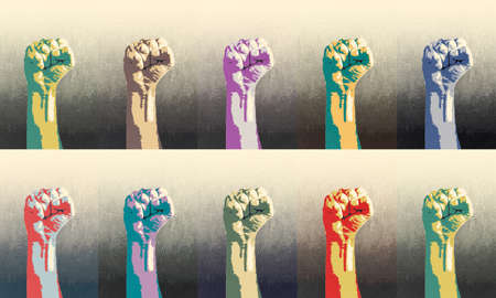 Raised fist concept. Digital draw of a multiple man closed fist finished with stencil or silkscreen printing techniqueの写真素材
