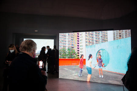 VENICE, ITALY - April 20: View of the Video installation by the Belgian artist Francis Alys inspired by Children's Games by Bruegel on April 20, 2022のeditorial素材