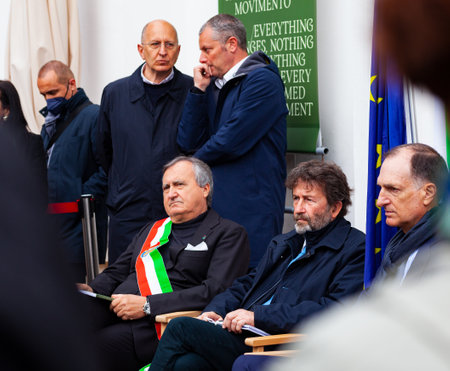 Venice, Italy - April 20: The Minister of Cultural Heritage and Activities of Italy Dario Franceschini and the Mayor of Venice, Luigi Brugnaro during the Venice pavilion inauguration on April 20, 2022のeditorial素材