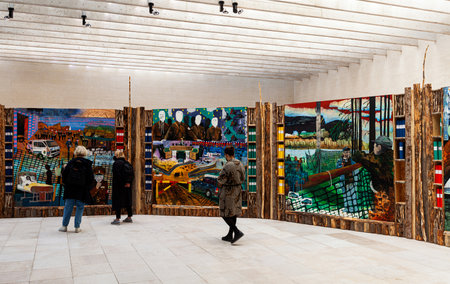 VENICE, ITALY - April 20: People looking the installation of the Nordic Pavilion at the 59th International Art exhibition of Venice biennale dedicates space for Indigenous art with SÃ¡mi Pavilion on April 20, 2022のeditorial素材