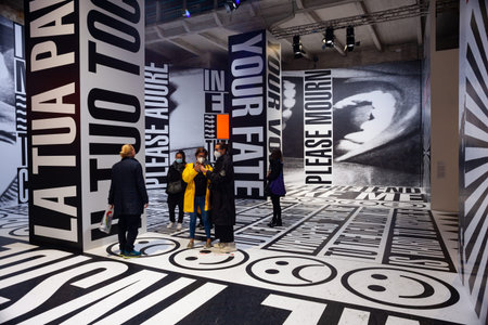 Venice, Italy - April 20: Installation Untitled (Beginning / Middle / End) by Barbara Kruger at the 59th International Art exhibition of Venice biennale on April 20, 2022のeditorial素材