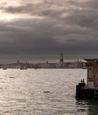 View of the St Mark's Campanile on the cloudy sky, Veniceの写真素材