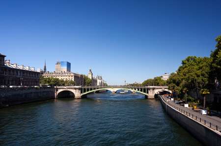 View of the Pont d'Arcole bridge on the Seine river in Paris, Franceの写真素材