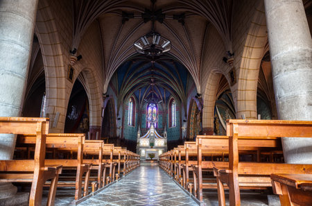 Interior of the Saint-Germain-d'Auxerre Church in the historic town center of Navarrenx completed in 1562のeditorial素材